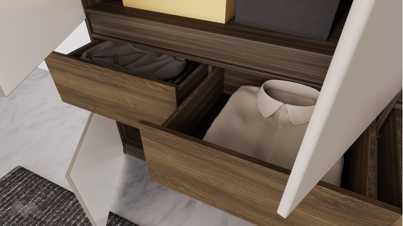 Гардероб Поситано четирикрилни дъб дилън тъмен с капучино мат и пасифик - изглед 3 - МебелМаг Гардероб Поситано четирикрилни дъб дилън тъмен с капучино мат и пасифик - изглед 3