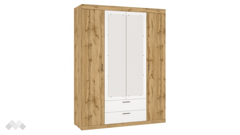 Гардероб Моник четирикрилни златен дъб с бяло - изглед 2 - МебелМаг Гардероб Моник четирикрилни златен дъб с бяло - изглед 2