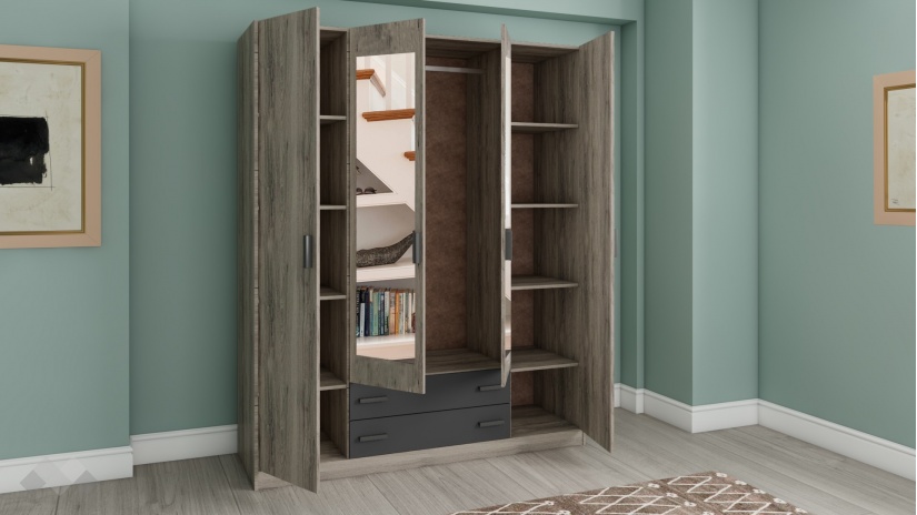 Гардероб Спирит четирикрилни малта с антрацит - изглед 2 - МебелМаг Гардероб Спирит четирикрилни малта с антрацит - изглед 2