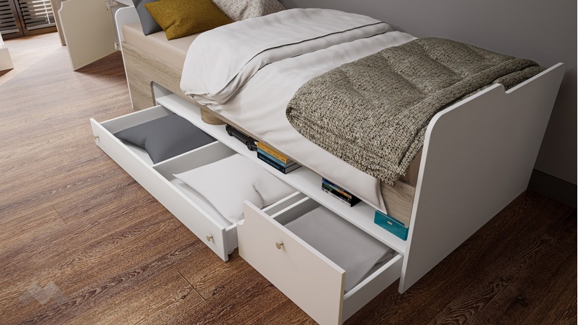 Детски спален комплект Роуз с включен матрак Бонел 90/200 бяло гладко, златно розово и сонома - изглед 4 - МебелМаг Детски спален комплект Роуз с включен матрак Бонел 90/200 бяло гладко, златно розово и сонома - изглед 4