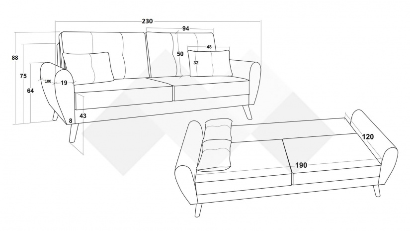 Диван Мерива триместни сив - изглед 4 - МебелМаг Диван Мерива триместни сив - изглед 4