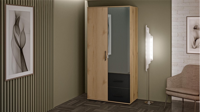 Гардероб Ламела двукрилни дъб канела с дъб ламела и черно шагре - изглед 1 - МебелМаг Гардероб Ламела двукрилни дъб канела с дъб ламела и черно шагре - изглед 1