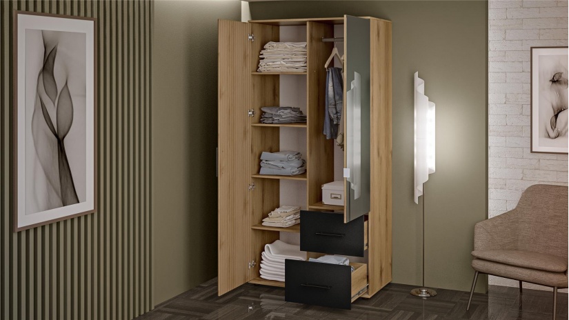 Гардероб Ламела двукрилни дъб канела с дъб ламела и черно шагре - изглед 2 - МебелМаг Гардероб Ламела двукрилни дъб канела с дъб ламела и черно шагре - изглед 2