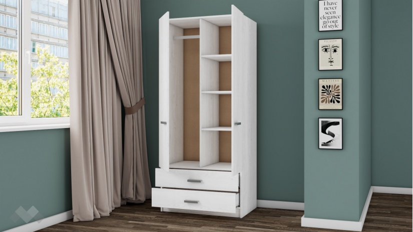 Гардероб Арго двукрилни бял фладер - изглед 2 - МебелМаг Гардероб Арго двукрилни бял фладер - изглед 2