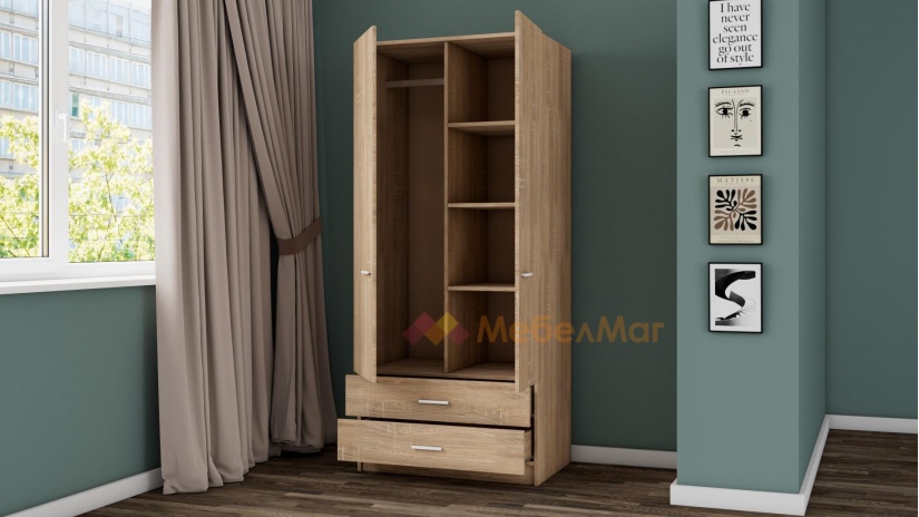 Гардероб Арго двукрилни дъб сонома - изглед 2 - МебелМаг Гардероб Арго двукрилни дъб сонома - изглед 2