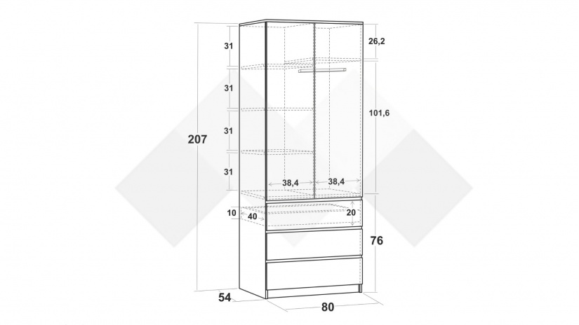 Гардероб Никола двукрилни златен дъб с антрацит - изглед 3 - МебелМаг Гардероб Никола двукрилни златен дъб с антрацит - изглед 3