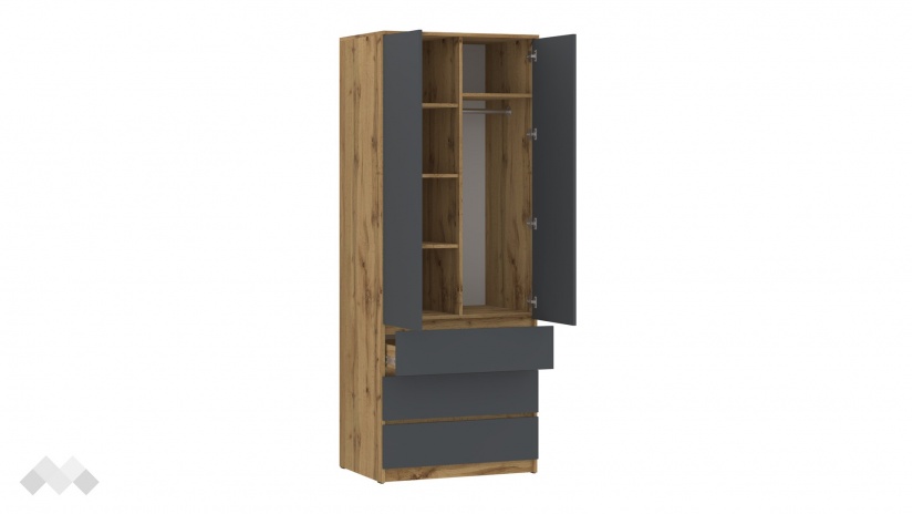 Гардероб Никола двукрилни златен дъб с антрацит - изглед 2 - МебелМаг Гардероб Никола двукрилни златен дъб с антрацит - изглед 2