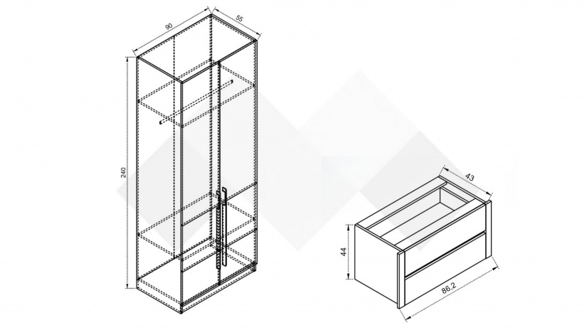 Гардероб с две чекмеджета Комо двукрилни орех селект тъмен с кашмир - изглед 2 - МебелМаг Гардероб с две чекмеджета Комо двукрилни орех селект тъмен с кашмир - изглед 2