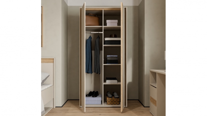 Гардероб Векслин двукрилни пясък с дъб маувела - изглед 2 - МебелМаг Гардероб Векслин двукрилни пясък с дъб маувела - изглед 2