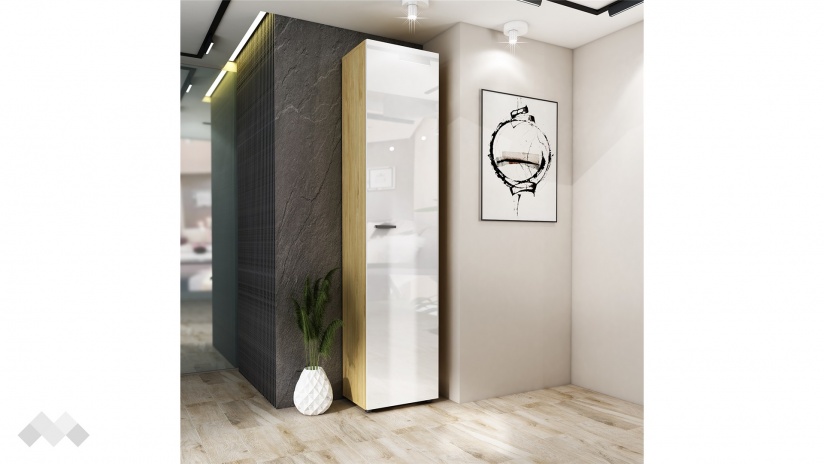 Гардероб Еко еднокрилни златен дъб с бял гланц - изглед 1 - МебелМаг Гардероб Еко еднокрилни златен дъб с бял гланц - изглед 1