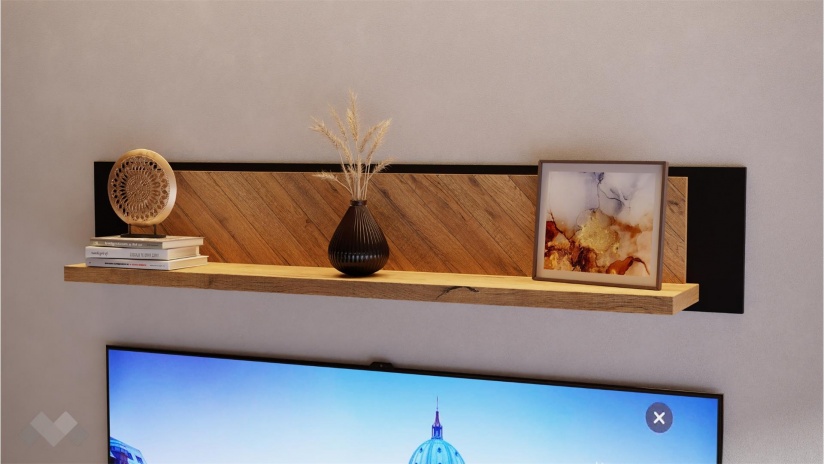 Етажерка Никодис с открити рафтове дъб натурал с черен мат и житен дъб - изглед 1 - МебелМаг Етажерка Никодис с открити рафтове дъб натурал с черен мат и житен дъб - изглед 1