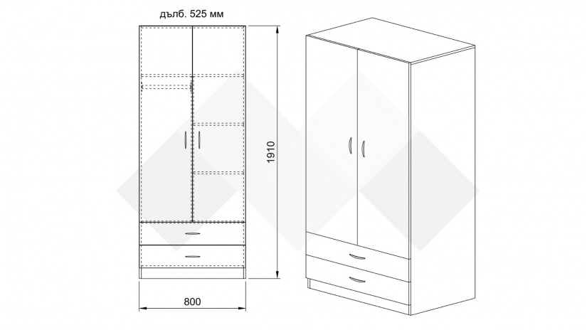 Гардероб Джеймс двукрилни сонома арвен с бял гланц - изглед 5 - МебелМаг Гардероб Джеймс двукрилни сонома арвен с бял гланц - изглед 5