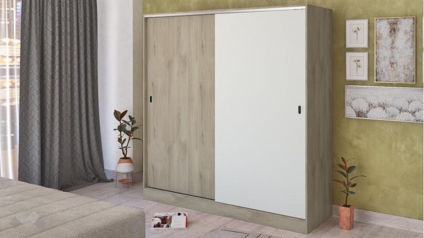 Гардероб Глендейл с плъзгащи врати сонома арвен с бял гланц - изглед 1 - МебелМаг Гардероб Глендейл с плъзгащи врати сонома арвен с бял гланц - изглед 1