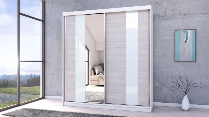 Гардероб Хелиос с плъзгащи врати дъб стокхолм с бяло гладко - изглед 1 - МебелМаг Гардероб Хелиос с плъзгащи врати дъб стокхолм с бяло гладко - изглед 1