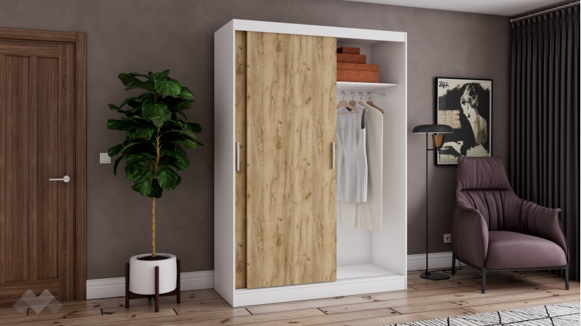 Гардероб Карлос с плъзгащи врати бял със златен дъб - изглед 2 - МебелМаг Гардероб Карлос с плъзгащи врати бял със златен дъб - изглед 2