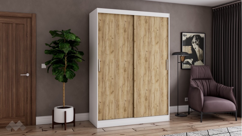 Гардероб Карлос с плъзгащи врати бял със златен дъб - изглед 1 - МебелМаг Гардероб Карлос с плъзгащи врати бял със златен дъб - изглед 1