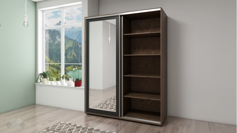 Гардероб с плъзгащи врати Кайли с плъзгащи врати дъб вотан с черно шагре - изглед 2 - МебелМаг Гардероб с плъзгащи врати Кайли с плъзгащи врати дъб вотан с черно шагре - изглед 2