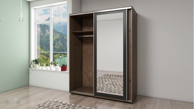 Гардероб с плъзгащи врати Кайли с плъзгащи врати дъб вотан с черно шагре - изглед 3 - МебелМаг Гардероб с плъзгащи врати Кайли с плъзгащи врати дъб вотан с черно шагре - изглед 3