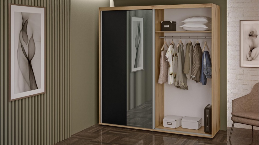 Гардероб Ламела с плъзгащи врати дъб канела с дъб ламела и черно шагре - изглед 2 - МебелМаг Гардероб Ламела с плъзгащи врати дъб канела с дъб ламела и черно шагре - изглед 2