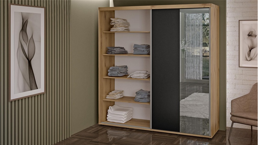 Гардероб Ламела с плъзгащи врати дъб канела с дъб ламела и черно шагре - изглед 3 - МебелМаг Гардероб Ламела с плъзгащи врати дъб канела с дъб ламела и черно шагре - изглед 3