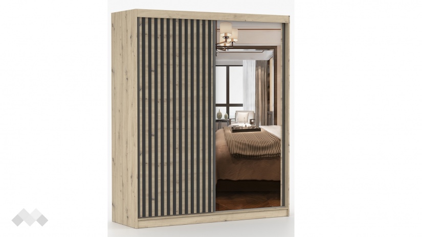 Гардероб Верона с плъзгащи врати дъб артисан с тъмен норвежки бор - изглед 2 - МебелМаг Гардероб Верона с плъзгащи врати дъб артисан с тъмен норвежки бор - изглед 2