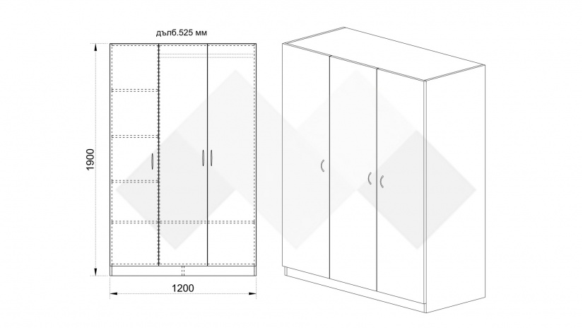 Гардероб Спрингфийлд трикрилни орех адмирал - изглед 3 - МебелМаг Гардероб Спрингфийлд трикрилни орех адмирал - изглед 3