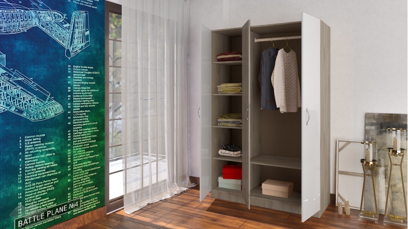 Гардероб Спрингфийлд трикрилни сонома арвен с бял гланц - изглед 2 - МебелМаг Гардероб Спрингфийлд трикрилни сонома арвен с бял гланц - изглед 2