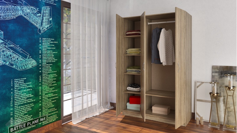 Гардероб Спрингфийлд трикрилни тъмна сонома - изглед 2 - МебелМаг Гардероб Спрингфийлд трикрилни тъмна сонома - изглед 2