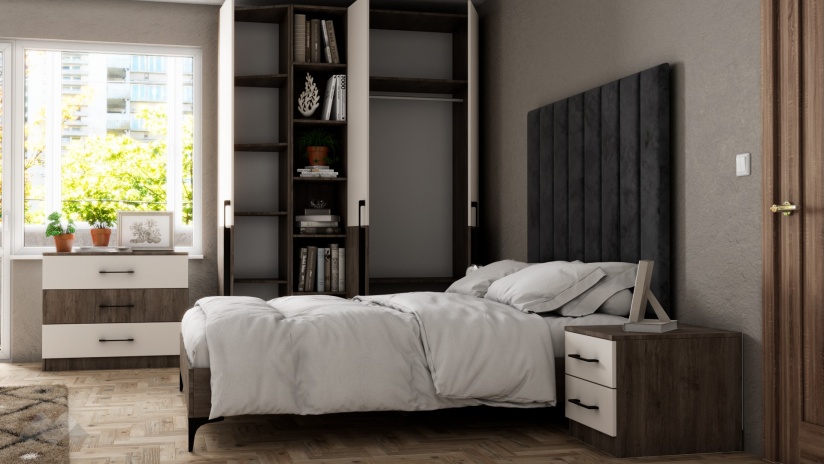 Спален комплект Комо К1 орех селект тъмен с кашмир - изглед 3 - МебелМаг Спален комплект Комо К1 орех селект тъмен с кашмир - изглед 3