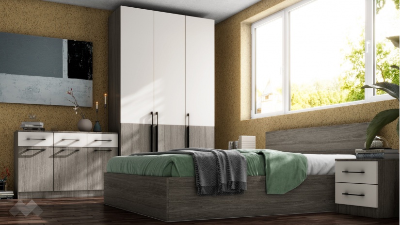 Спален комплект Комо К4 дъб ърбан ойстър с бяло - изглед 2 - МебелМаг Спален комплект Комо К4 дъб ърбан ойстър с бяло - изглед 2