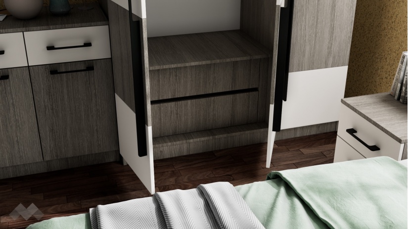 Спален комплект Комо К4 дъб ърбан ойстър с бяло - изглед 3 - МебелМаг Спален комплект Комо К4 дъб ърбан ойстър с бяло - изглед 3