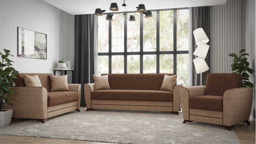 Комплект дивани за дневна Ялта комплекти кафяв с бежово - изглед 1 - МебелМаг Комплект дивани за дневна Ялта комплекти кафяв с бежово - изглед 1