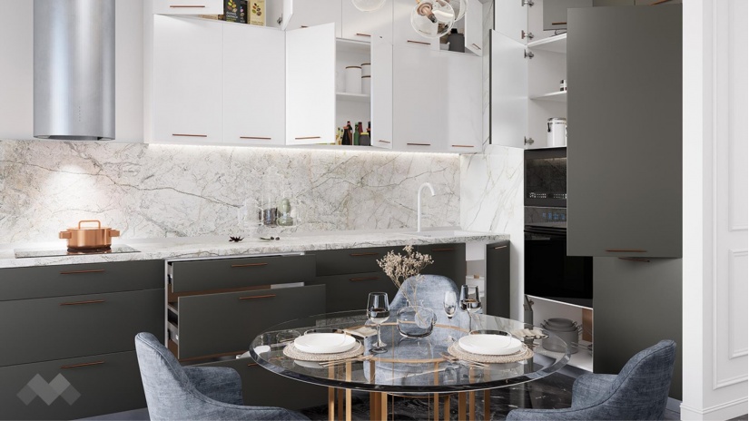 Кухня Гана прави карбон мат с бял гланц и бяло гладко - изглед 2 - МебелМаг Кухня Гана прави карбон мат с бял гланц и бяло гладко - изглед 2