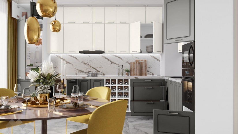 Кухня Зева прави цимент мат с крийм гланц и бяло гладко - изглед 2 - МебелМаг Кухня Зева прави цимент мат с крийм гланц и бяло гладко - изглед 2