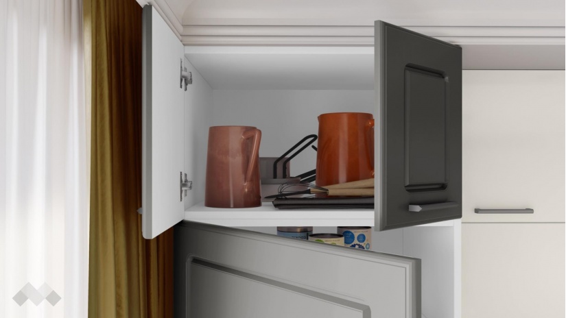 Кухня Зева прави цимент мат с крийм гланц и бяло гладко - изглед 3 - МебелМаг Кухня Зева прави цимент мат с крийм гланц и бяло гладко - изглед 3