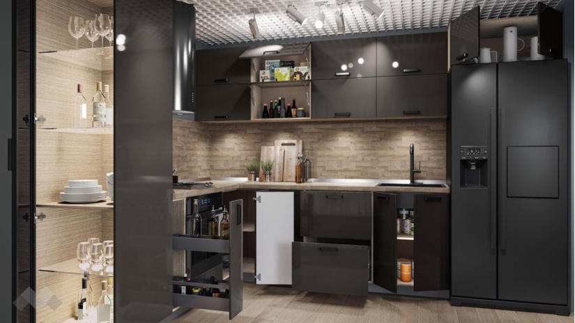 Кухня Ароса ъглови антрацит гланц с мока - изглед 2 - МебелМаг Кухня Ароса ъглови антрацит гланц с мока - изглед 2