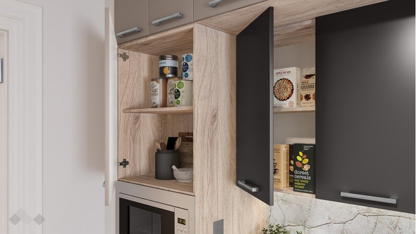 Кухня Бали прави капучино мат с карбон мат и сонома арвен - изглед 2 - МебелМаг Кухня Бали прави капучино мат с карбон мат и сонома арвен - изглед 2