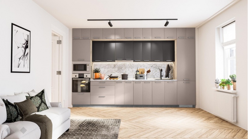 Кухня Бали прави капучино мат с карбон мат и сонома арвен - изглед 1 - МебелМаг Кухня Бали прави капучино мат с карбон мат и сонома арвен - изглед 1