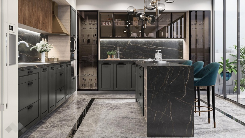 Кухня Дарма с остров цимент мат с крийм гланц и дъб натурал с мока - изглед 1 - МебелМаг Кухня Дарма с остров цимент мат с крийм гланц и дъб натурал с мока - изглед 1