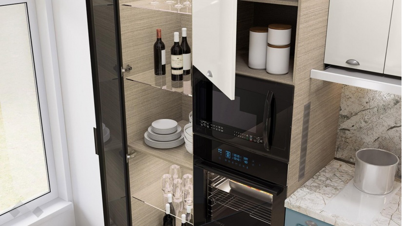 Кухня Исма прави деним мат с крийм гланц и мока - изглед 3 - МебелМаг Кухня Исма прави деним мат с крийм гланц и мока - изглед 3