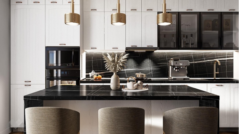 Кухня Кали с остров бял фладер с бяло гладко - изглед 2 - МебелМаг Кухня Кали с остров бял фладер с бяло гладко - изглед 2