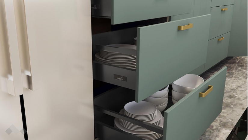 Кухня Каво с остров олив мат с крийм гланц и дъб натурал с мока - изглед 10 - МебелМаг Кухня Каво с остров олив мат с крийм гланц и дъб натурал с мока - изглед 10