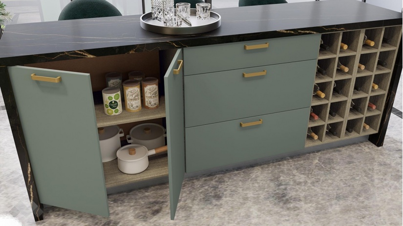 Кухня Каво с остров олив мат с крийм гланц и дъб натурал с мока - изглед 11 - МебелМаг Кухня Каво с остров олив мат с крийм гланц и дъб натурал с мока - изглед 11