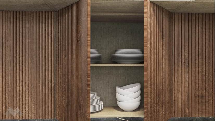 Кухня Каво с остров олив мат с крийм гланц и дъб натурал с мока - изглед 3 - МебелМаг Кухня Каво с остров олив мат с крийм гланц и дъб натурал с мока - изглед 3