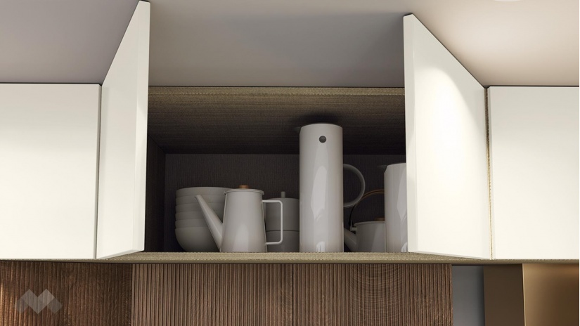 Кухня Каво с остров олив мат с крийм гланц и дъб натурал с мока - изглед 4 - МебелМаг Кухня Каво с остров олив мат с крийм гланц и дъб натурал с мока - изглед 4