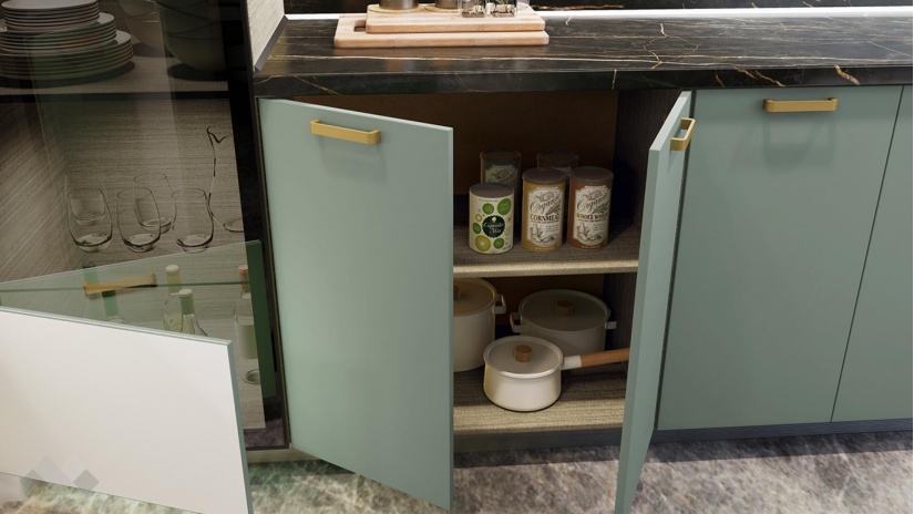 Кухня Каво с остров олив мат с крийм гланц и дъб натурал с мока - изглед 8 - МебелМаг Кухня Каво с остров олив мат с крийм гланц и дъб натурал с мока - изглед 8