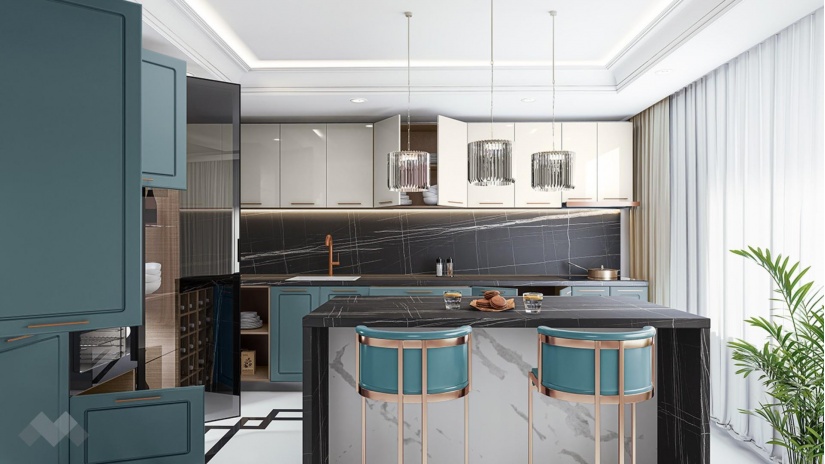 Кухня Ларо с остров деним мат с крийм гланц и мока - изглед 2 - МебелМаг Кухня Ларо с остров деним мат с крийм гланц и мока - изглед 2