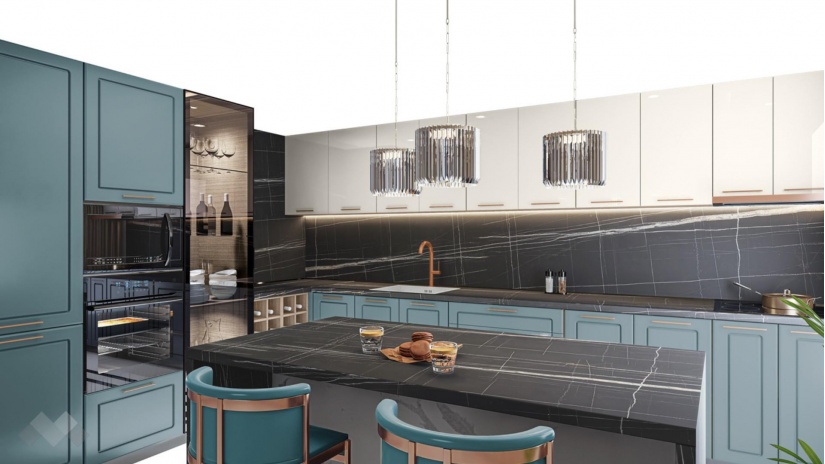 Кухня Ларо с остров деним мат с крийм гланц и мока - изглед 4 - МебелМаг Кухня Ларо с остров деним мат с крийм гланц и мока - изглед 4