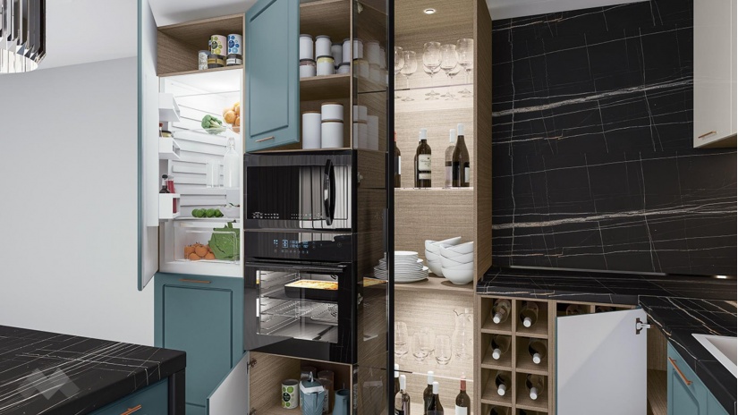 Кухня Ларо с остров деним мат с крийм гланц и мока - изглед 5 - МебелМаг Кухня Ларо с остров деним мат с крийм гланц и мока - изглед 5