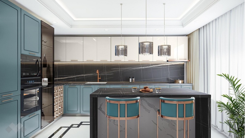 Кухня Ларо с остров деним мат с крийм гланц и мока - изглед 1 - МебелМаг Кухня Ларо с остров деним мат с крийм гланц и мока - изглед 1